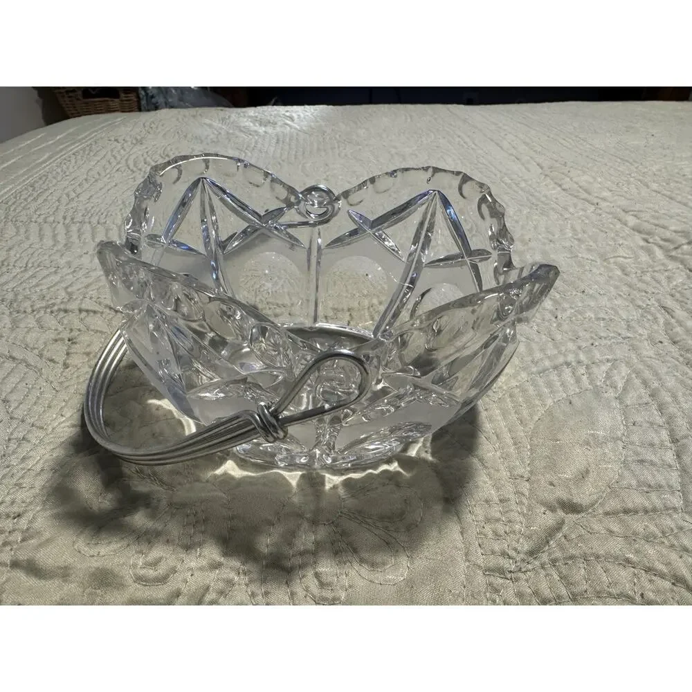 Vintage Crystal Bowel Dish with Silver Tone Handle Basket